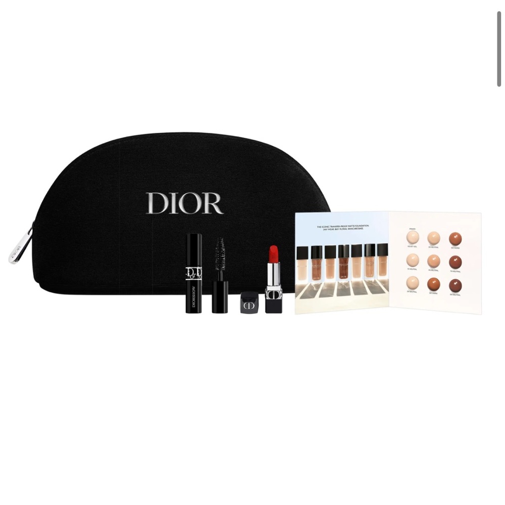 Dior makeup bag with lipstick and mascara